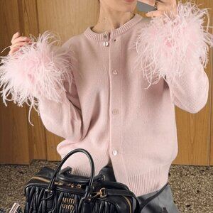 Pink Casual Women's Crew Neck Glamorous Wrap Feather Cuffs Cardigan
